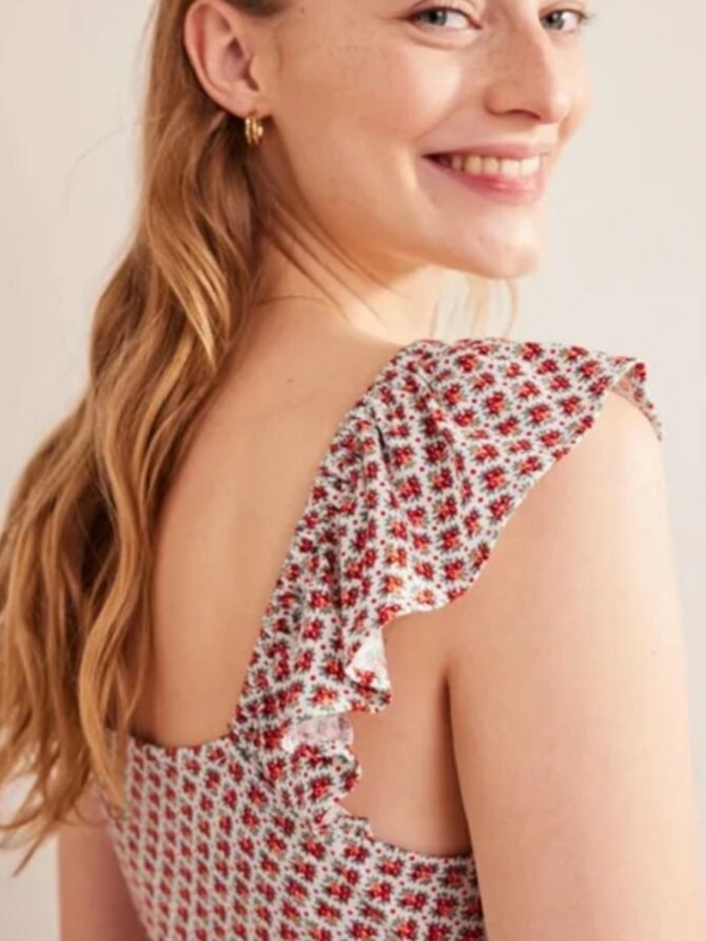 Boden Frill Detail Jersey Midi Dress Red Orange Mini Floral Print Flutter Sleeve - Picture 9 of 14